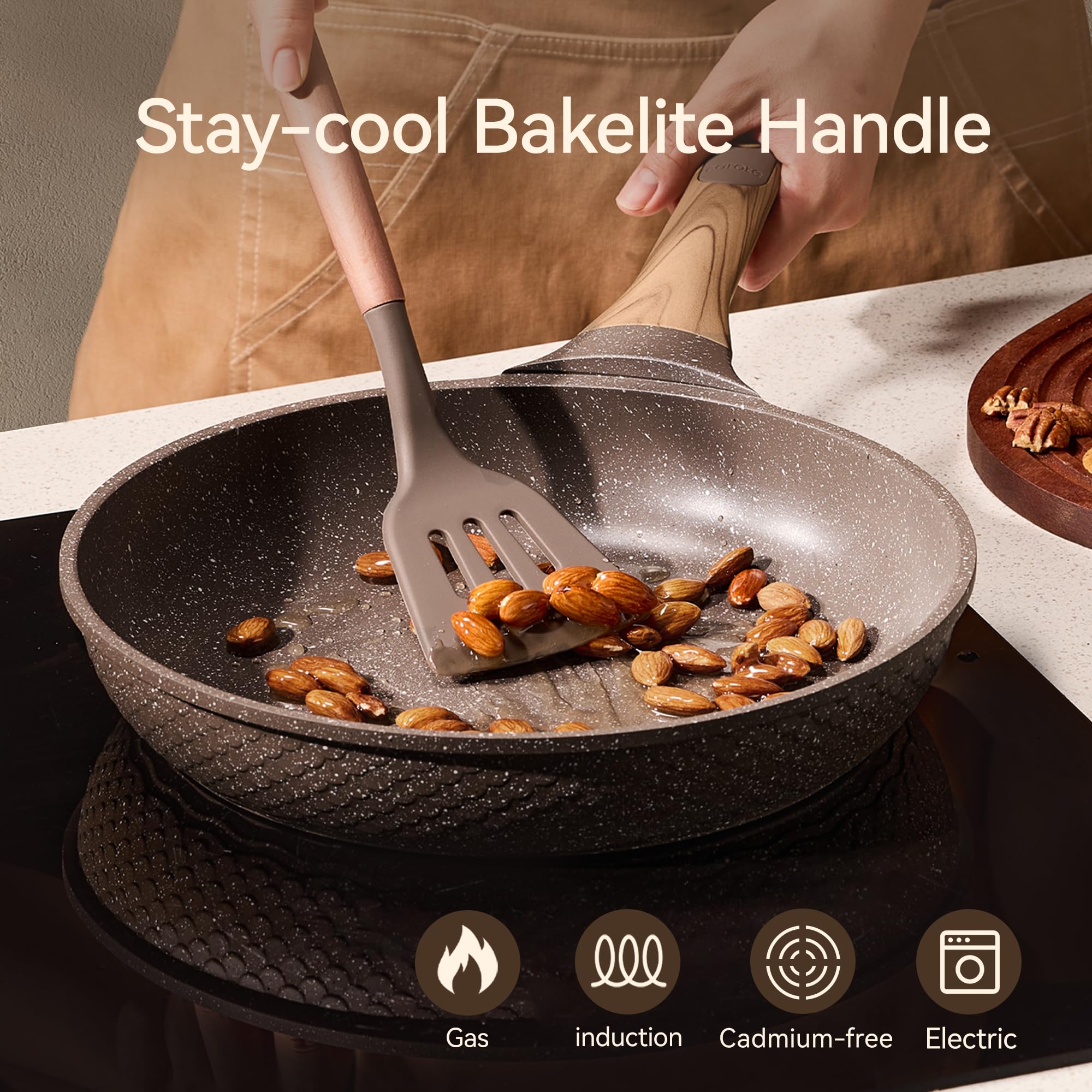 CAROTE granite-coated skillet close-up showing durable non-stick surface.