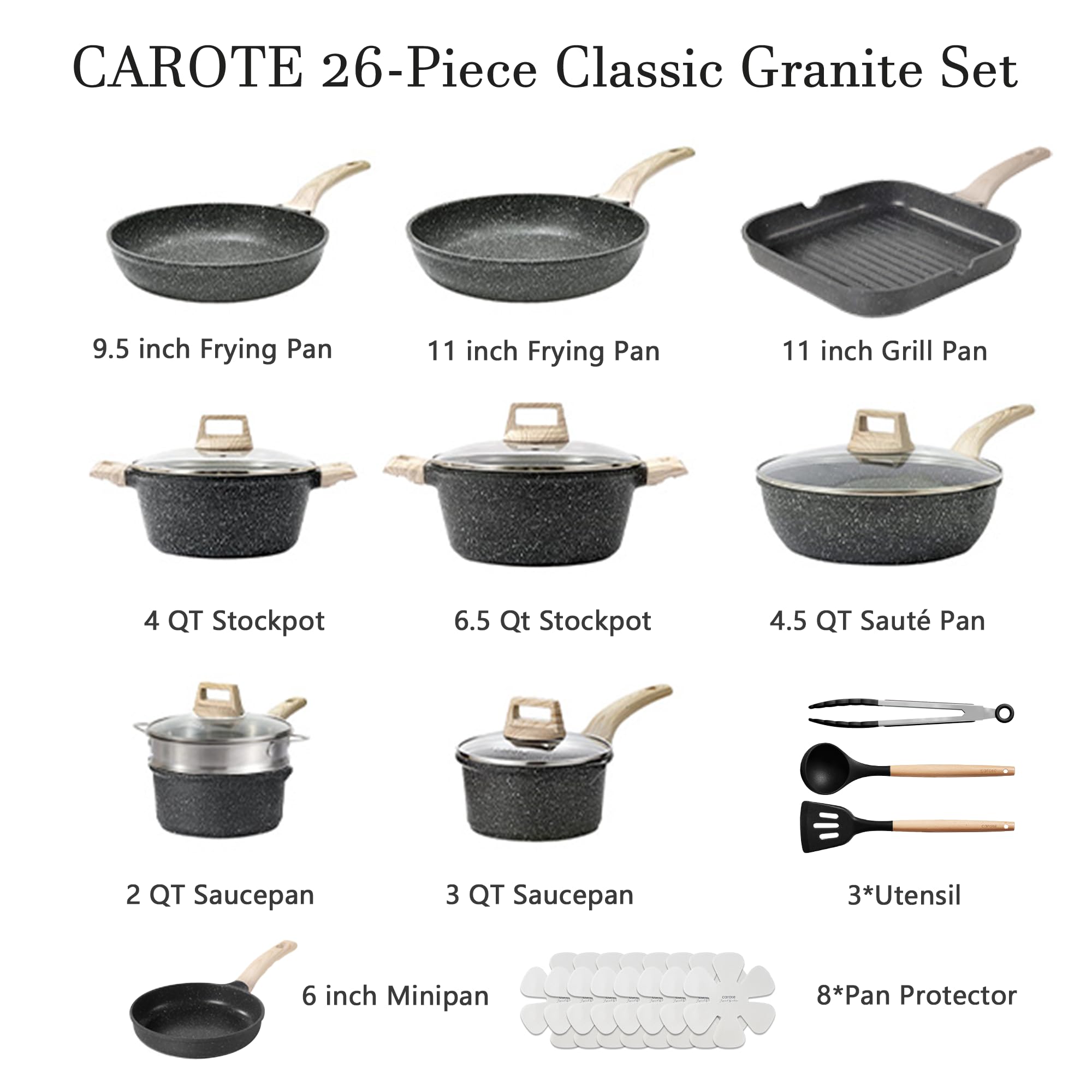 CAROTE granite nonstick frying pans offer smooth release for weeknight meals.