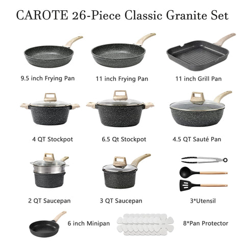 CAROTE granite nonstick frying pans offer smooth release for weeknight meals.