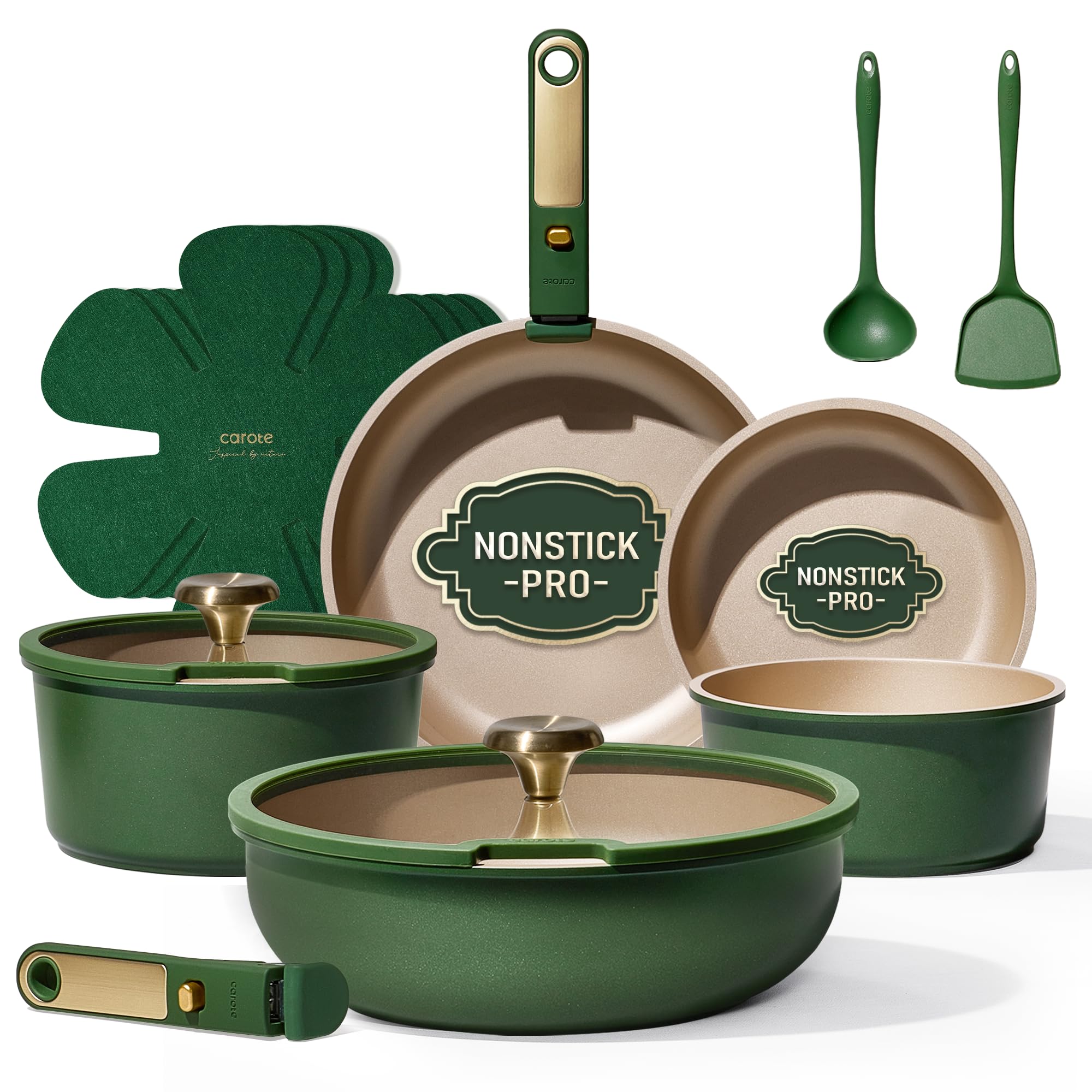 CAROTE Green&amp;Gold nonstick cookware set open, showcasing sleek design and organized storage.