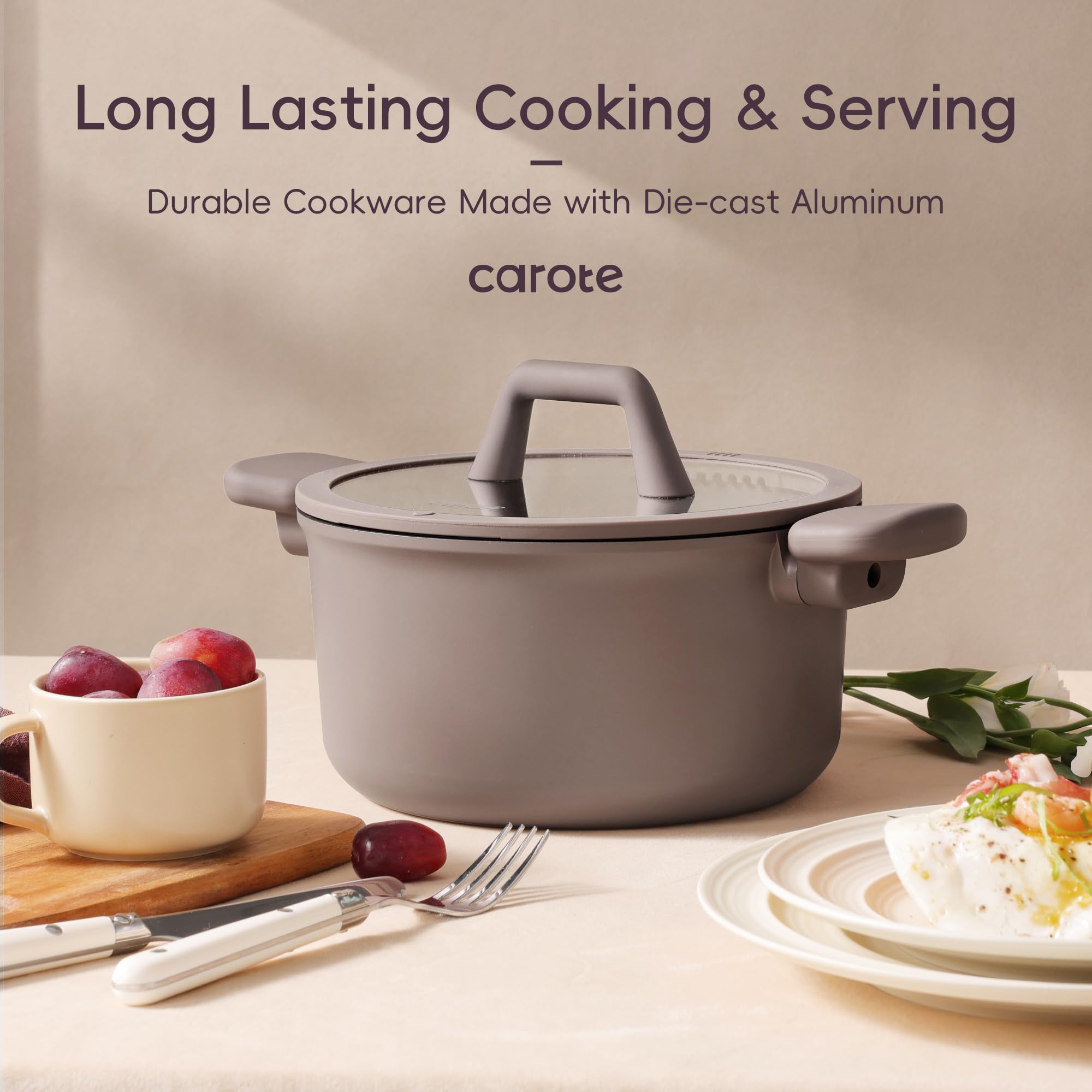 Lids, utensils, and four pot protectors included for a complete setup