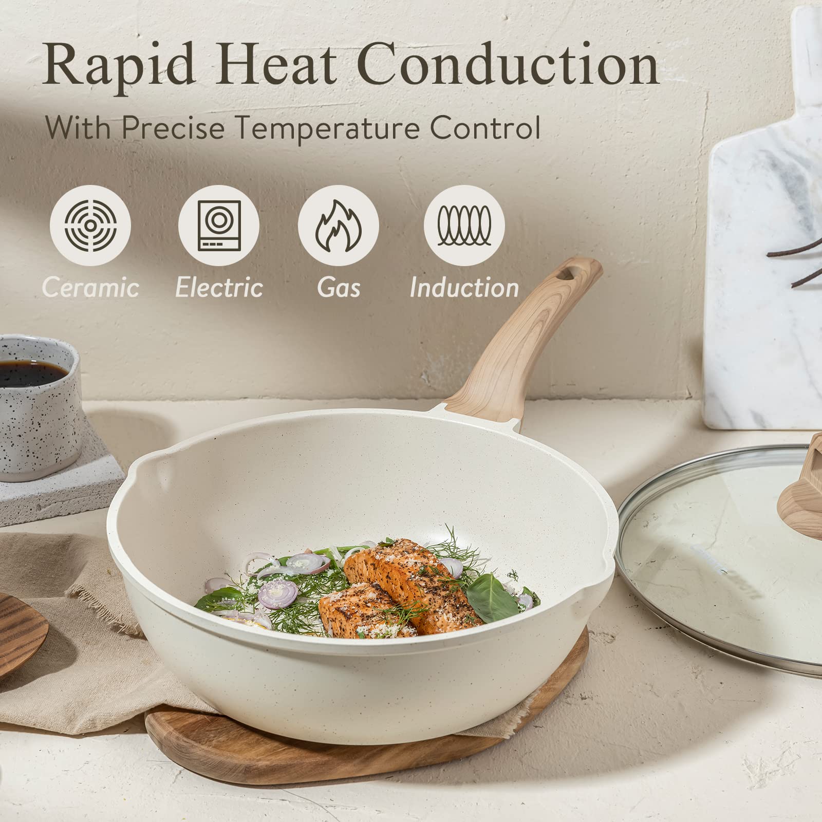 CAROTE induction-ready pan base delivering even heat on compatible stoves.