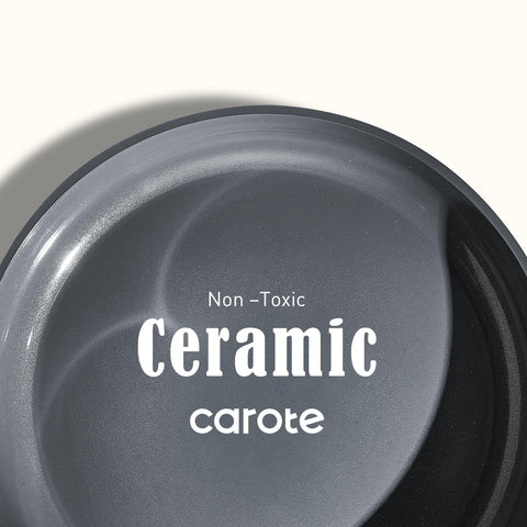 CAROTE induction-compatible base on blue ceramic pan for all stovetops