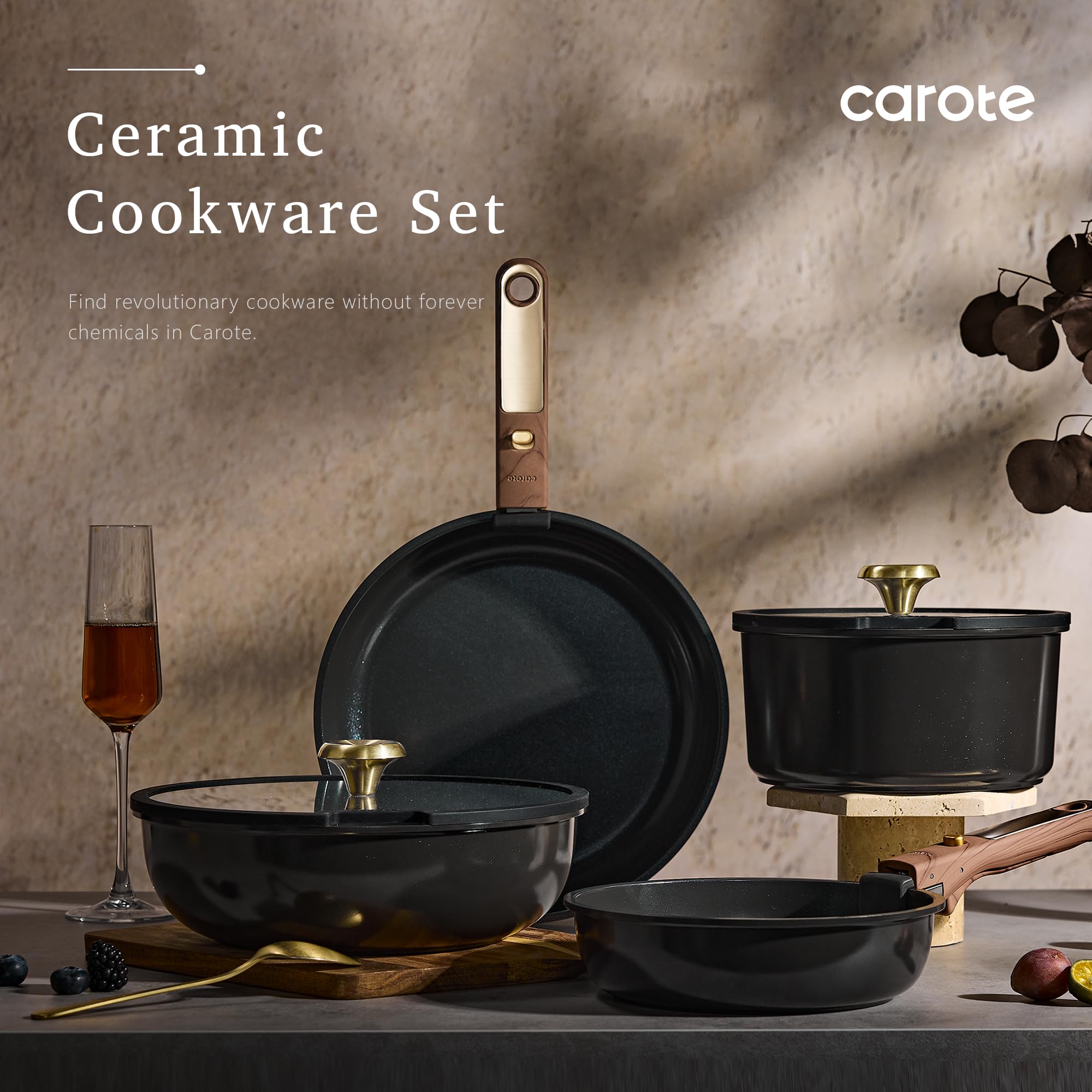 CAROTE induction-compatible pots and pans suit gas, electric, and induction cooktops.