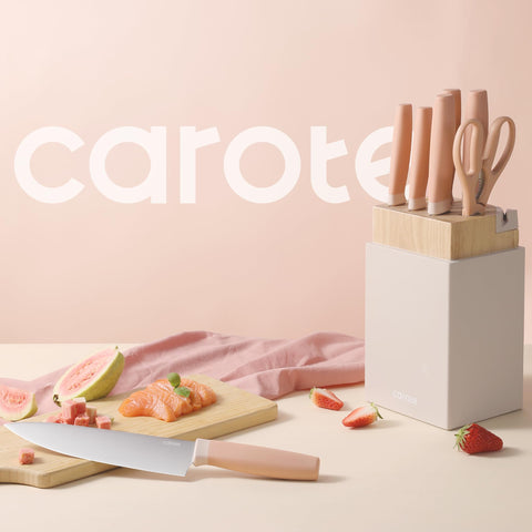CAROTE kitchen shears in pink block for fast snips and prep.