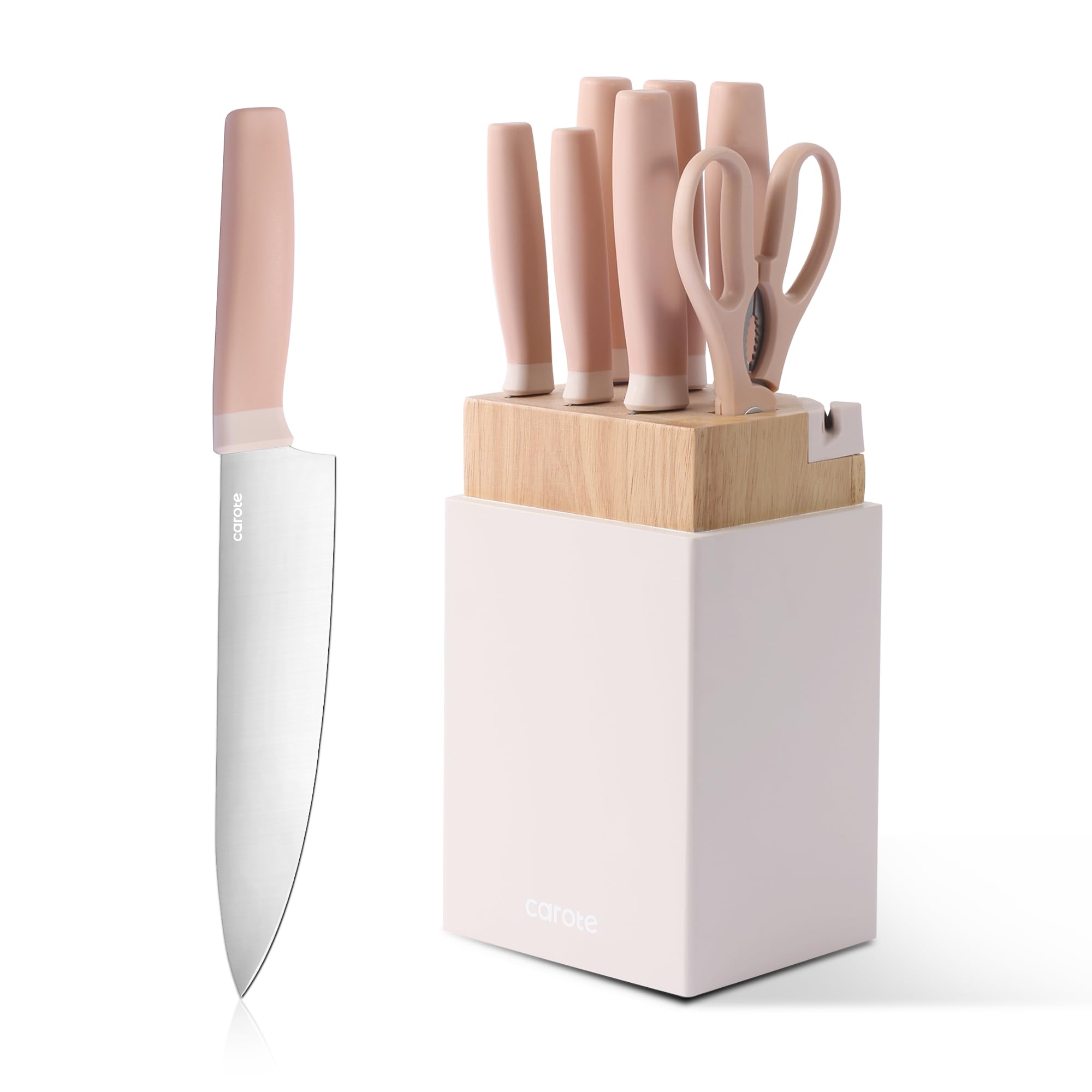 CAROTE knife block set with built-in sharpener in pink ready for quick prep.