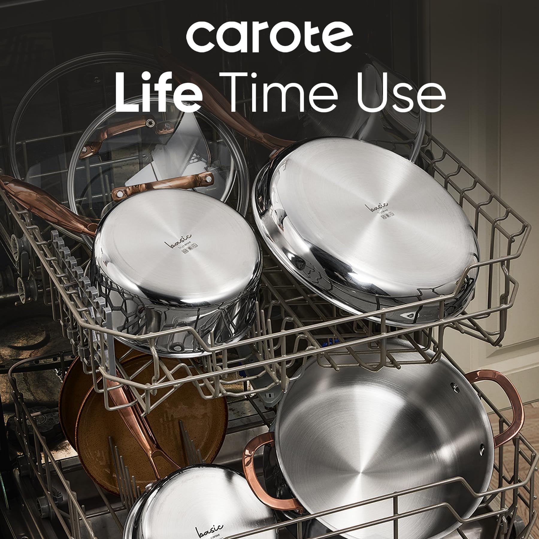 CAROTE mirror-finish frying pan surface emphasizes easy-clean use.