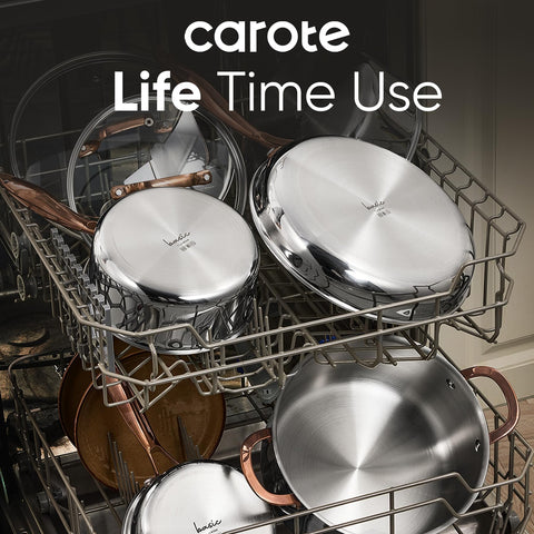 CAROTE mirror-finish frying pan surface emphasizes easy-clean use.