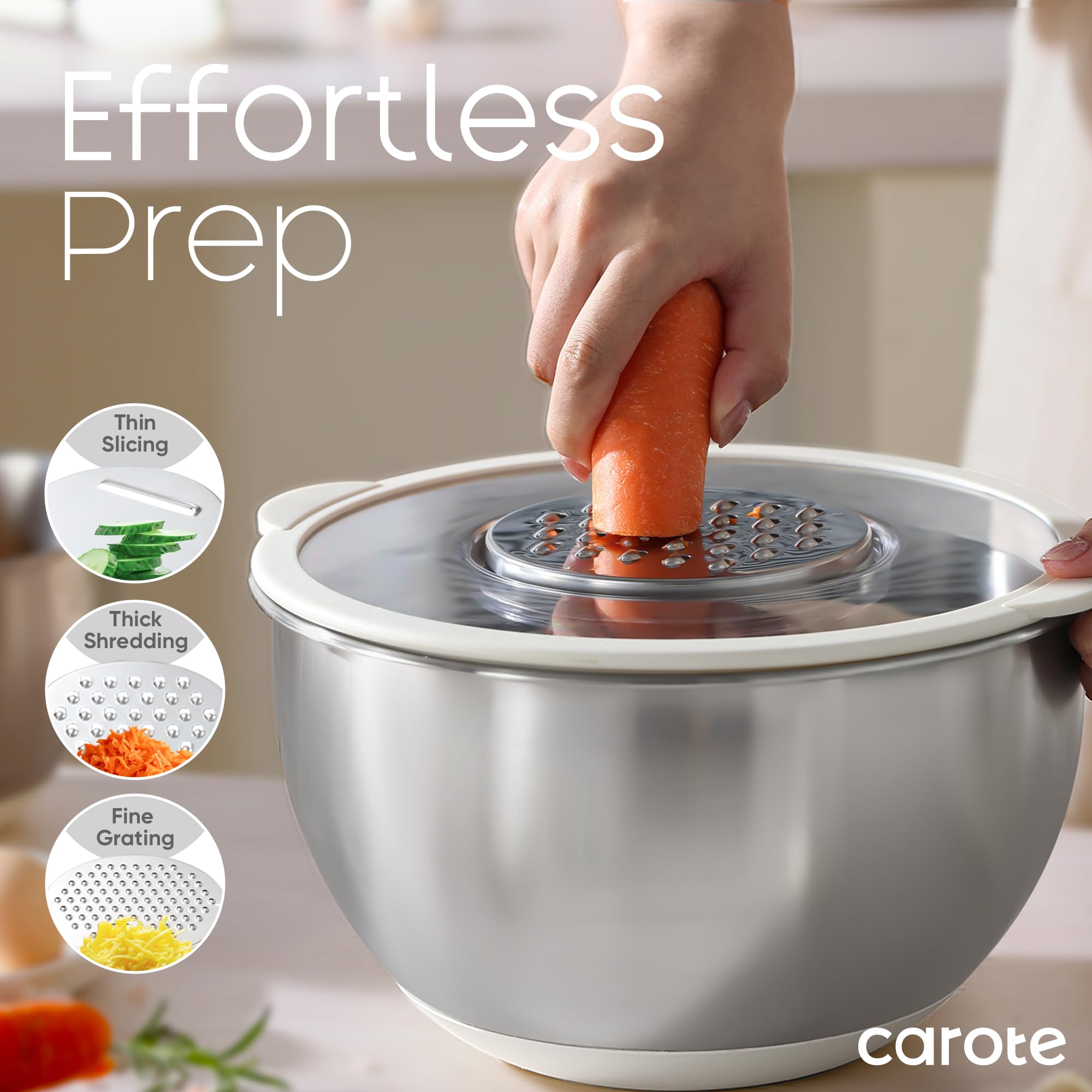 CAROTE bowls with non-slip silicone bottom provide stable counter use.
