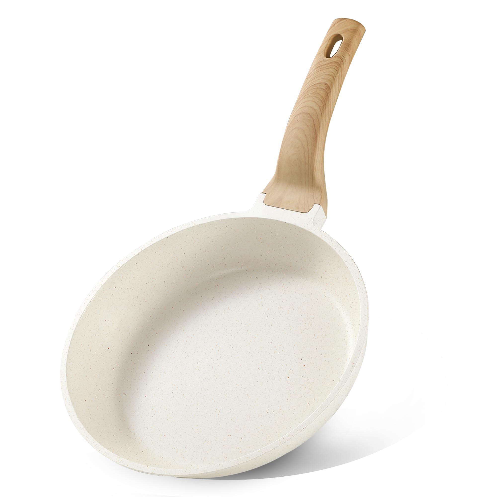 CAROTE 10in non-stick pan top view showing cream-white exterior and smooth surface for easy egg frying