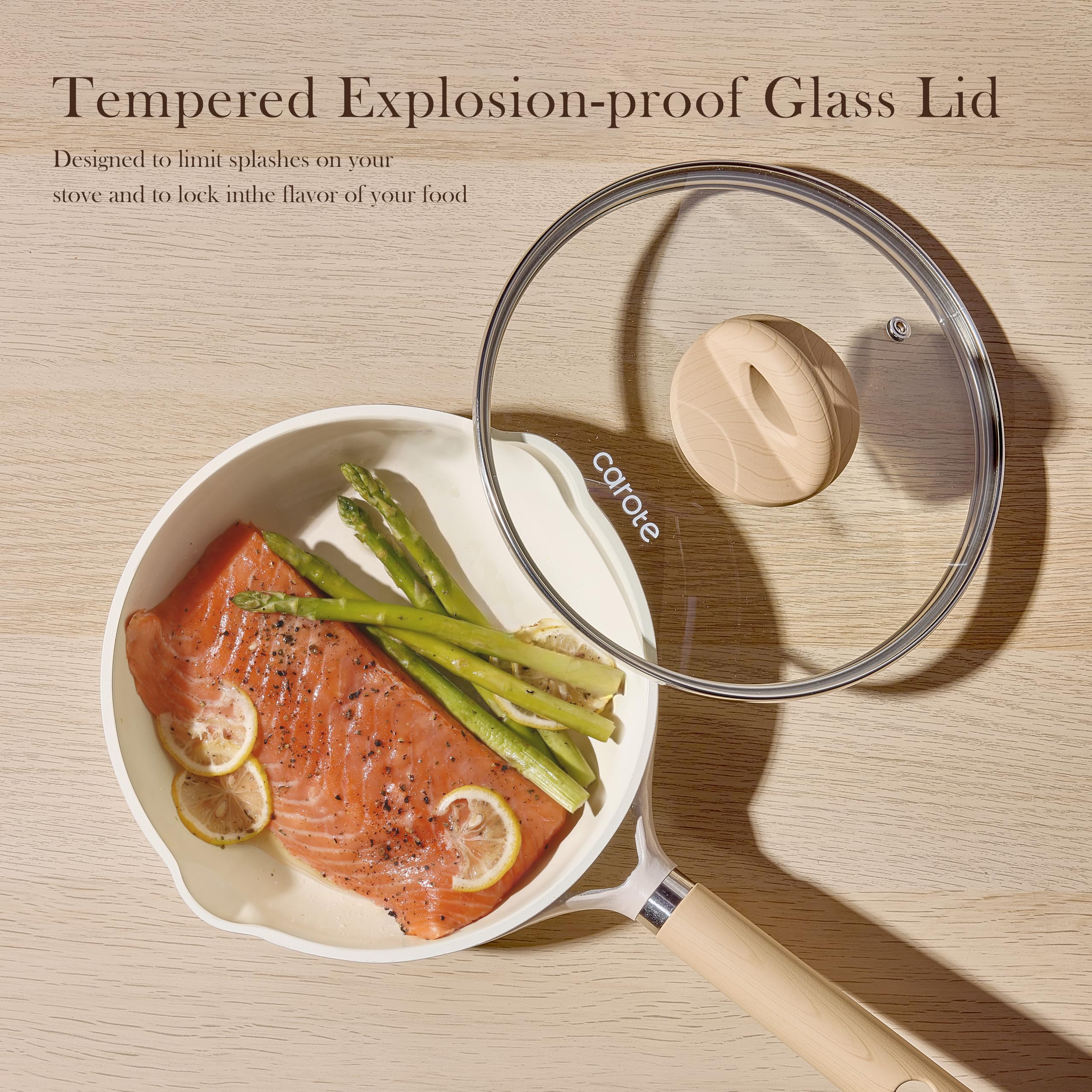 Non-toxic ceramic coating on CAROTE pan highlights safe cooking surface.