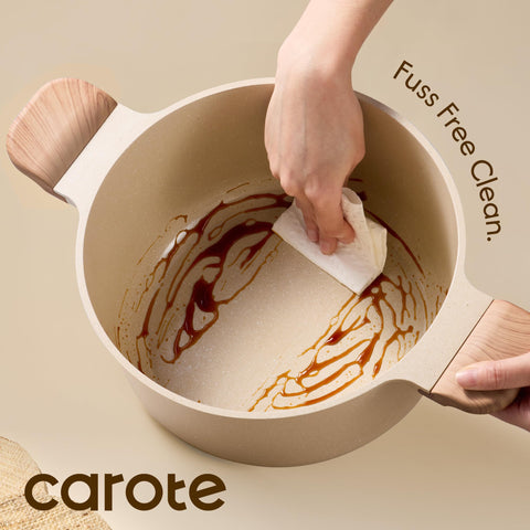 CAROTE nonstick interior rivetless design reduces sticking for quick cleanups