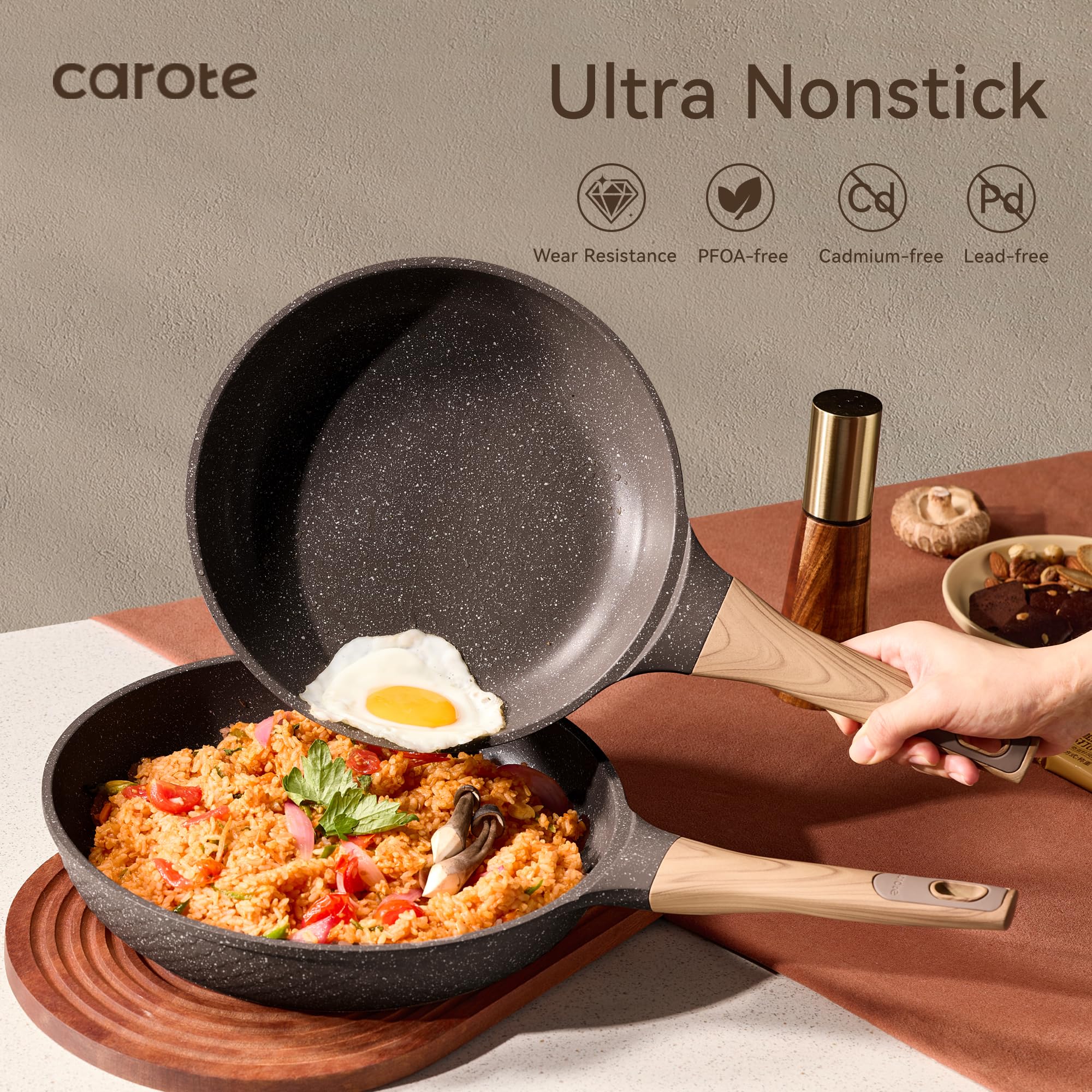 CAROTE omelet pan with heat-resistant handle for safer breakfast making.