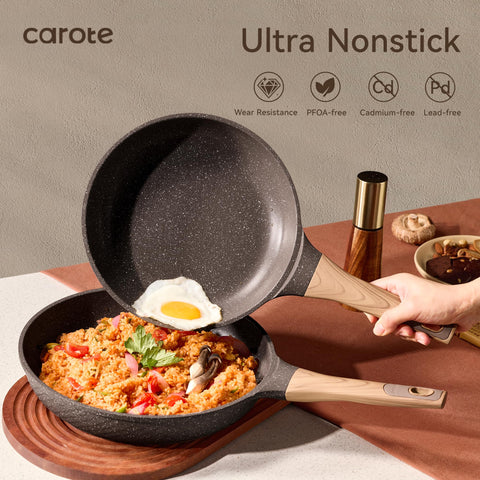 CAROTE omelet pan with heat-resistant handle for safer breakfast making.