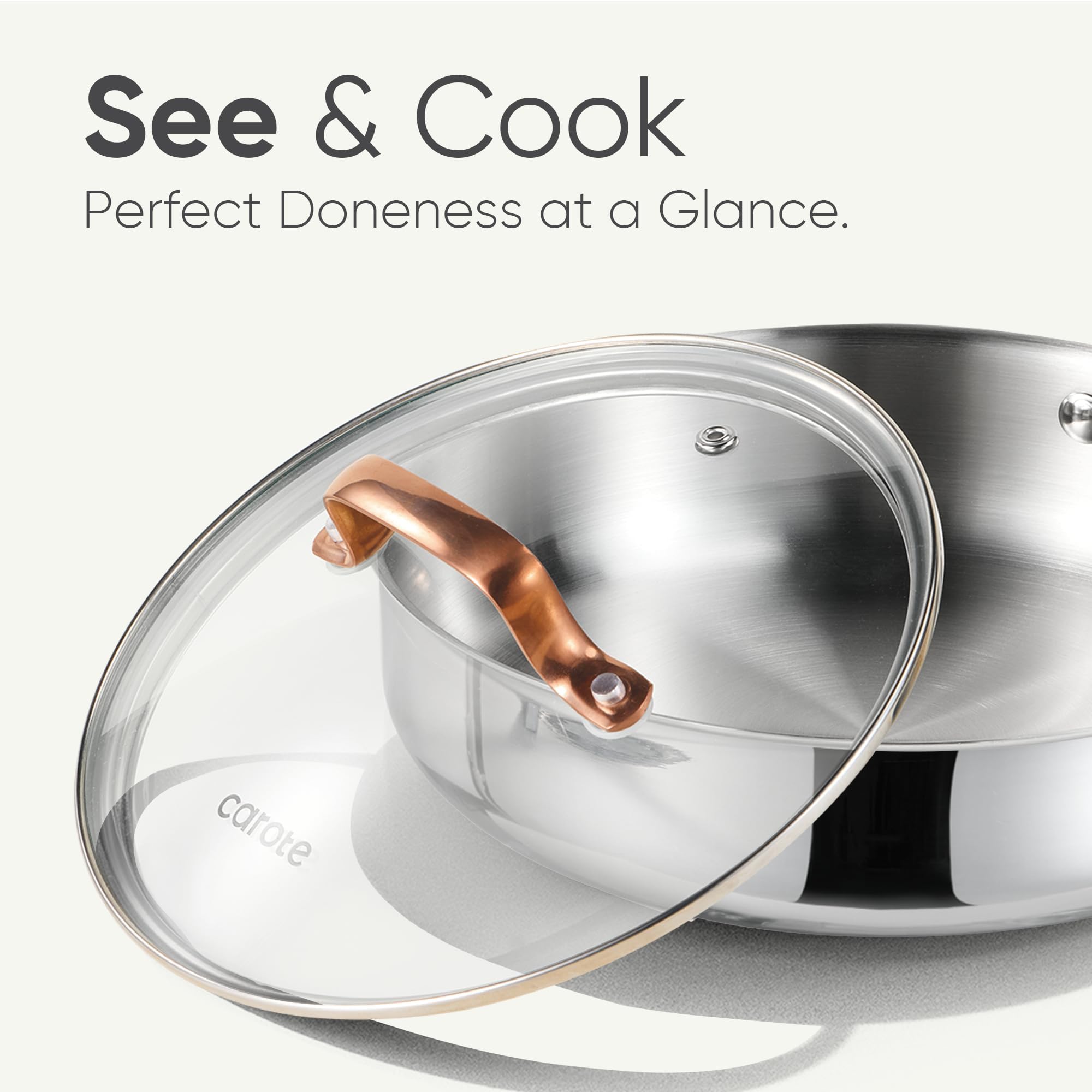 CAROTE oven-safe frying pan ready for finishing in the oven with lid.