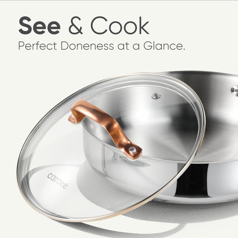 CAROTE oven-safe frying pan ready for finishing in the oven with lid.