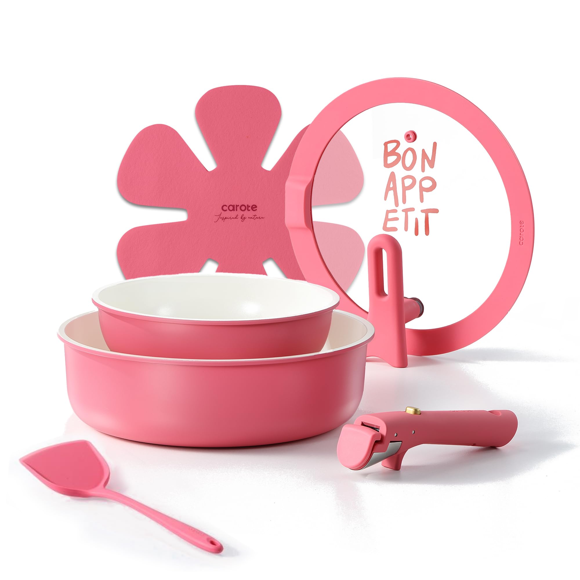 CAROTE pink ceramic pots and pans set on stove for everyday cooking.