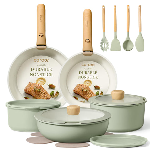 CAROTE pots and pans set with detachable handle for space-saving storage.