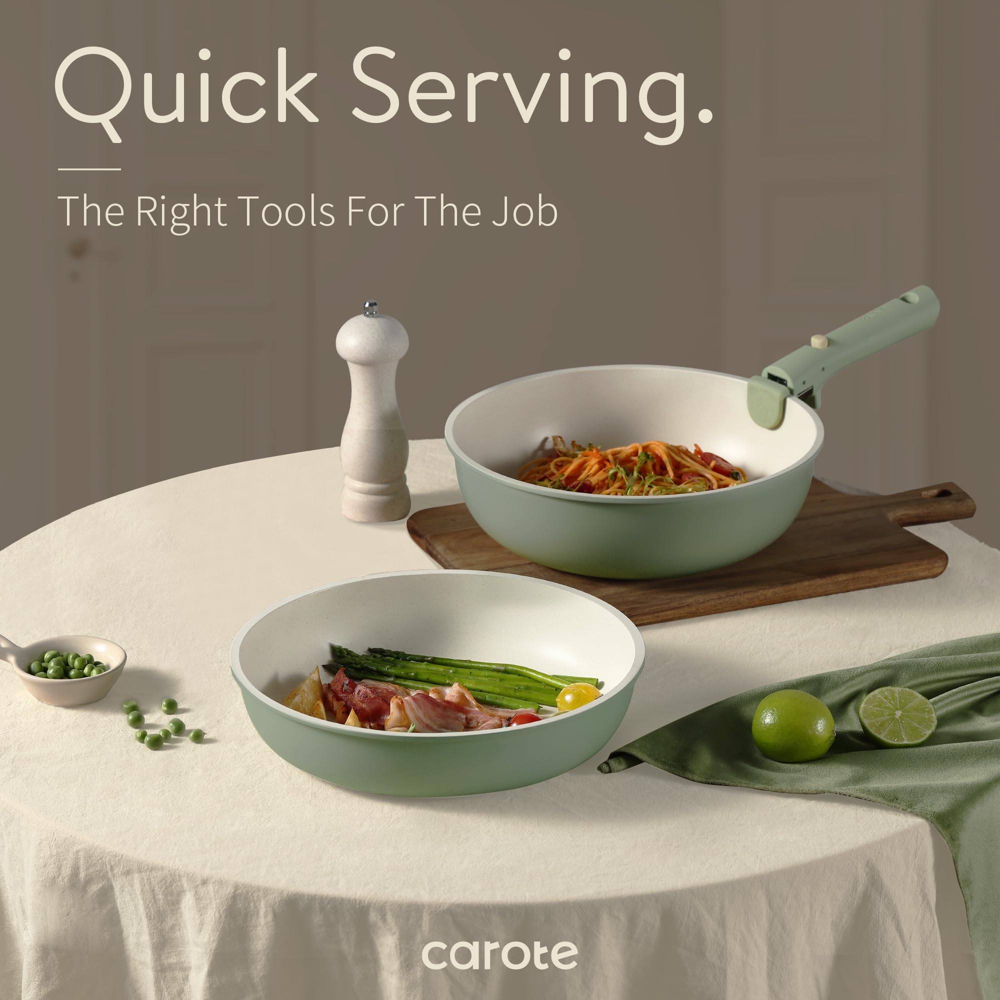 CAROTE removable handles and utensil set support flexible cooking.