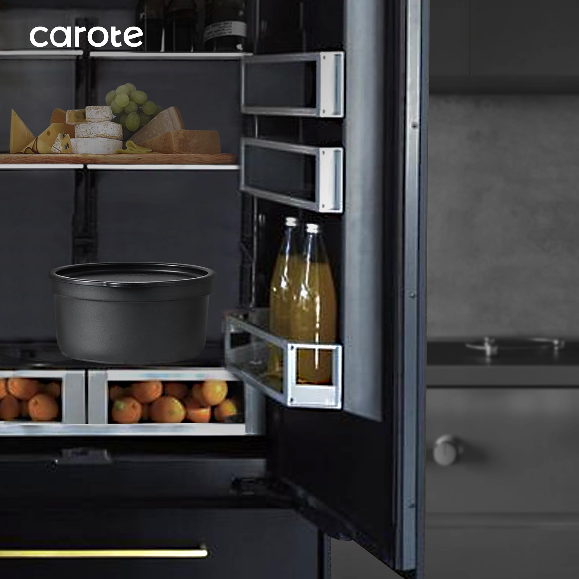 CAROTE silicone lids and trivets provide secure heat control.