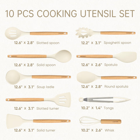 CAROTE silicone set in use beside sauté pan, demonstrating nonstick compatibility.