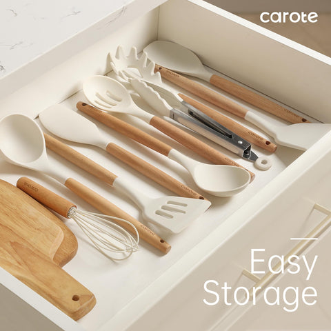 CAROTE silicone utensils hanging hole design for easy kitchen storage.