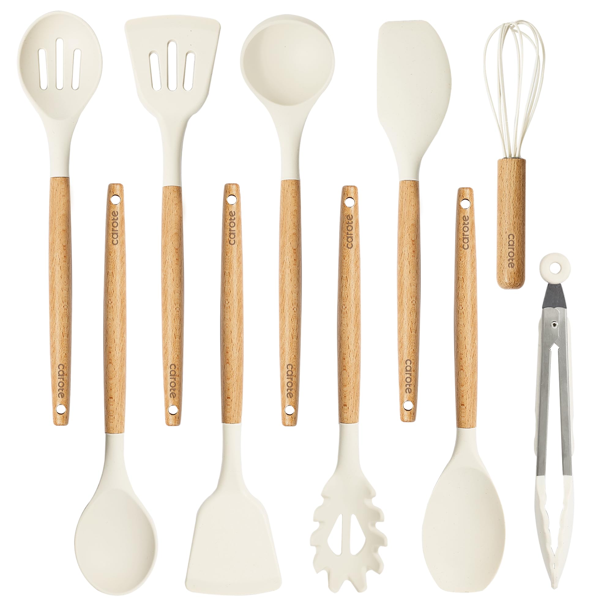 CAROTE silicone utensils with wood handle close-up, heat protection during high-heat cooking.
