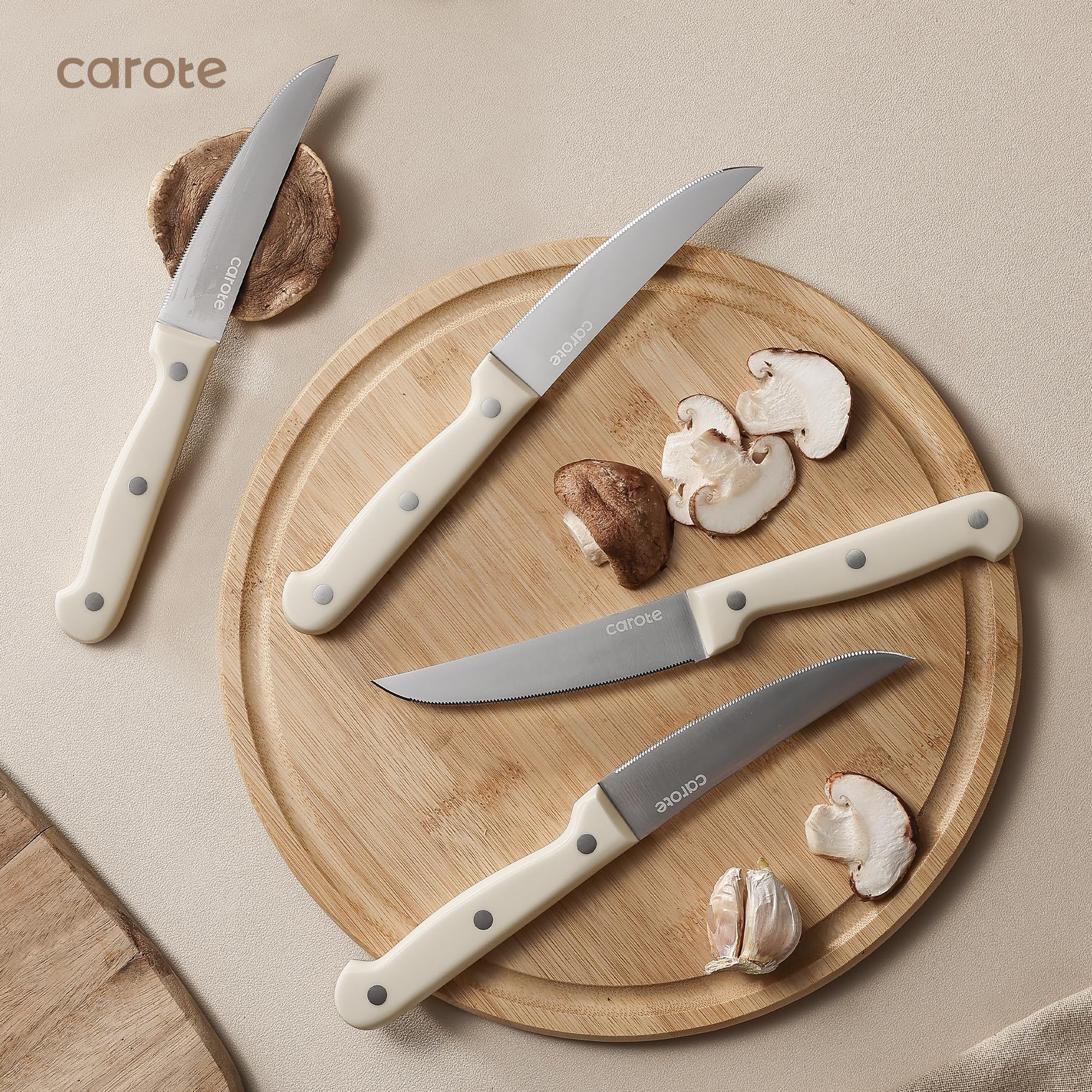 CAROTE six-piece steak knife set for clean, even table slices.