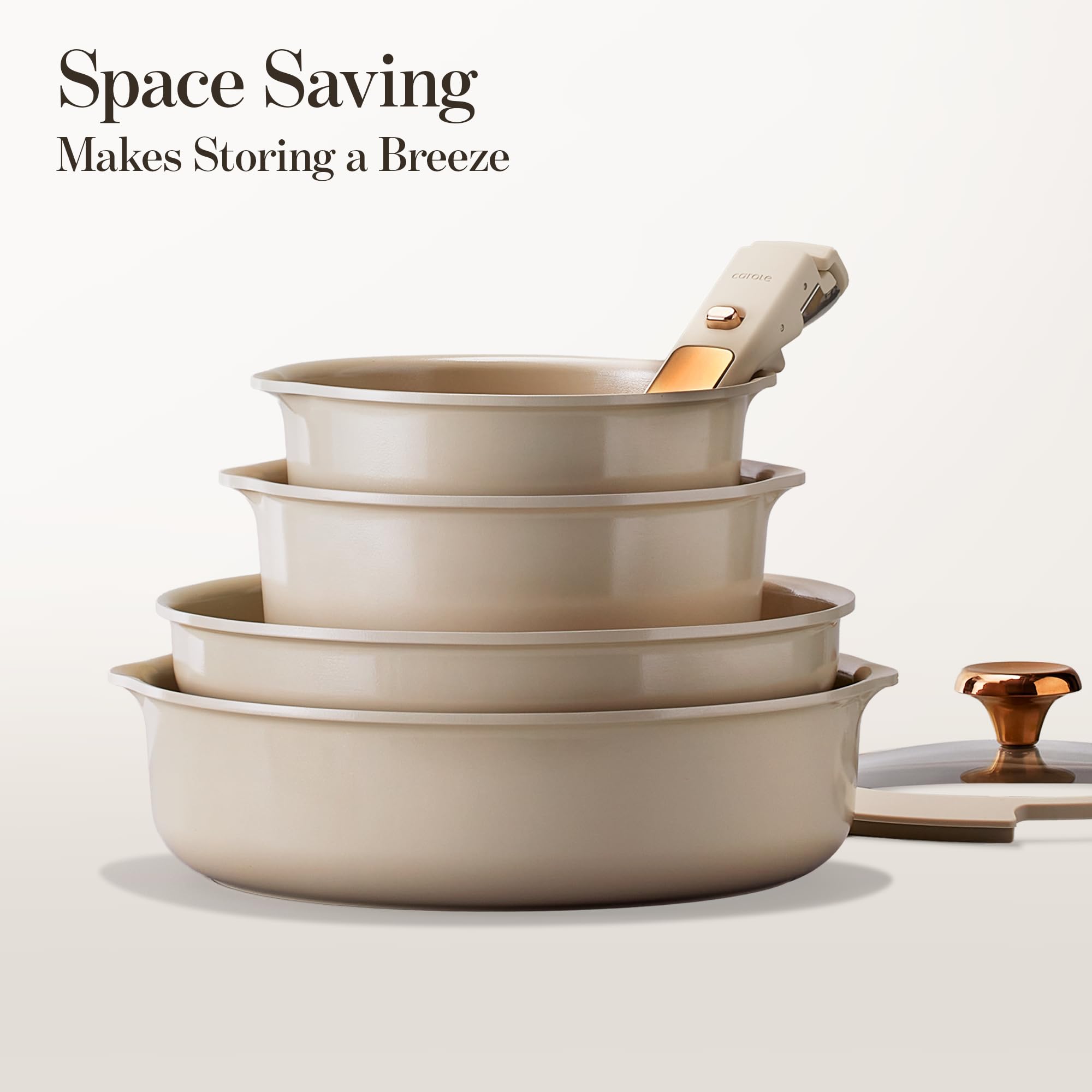 CAROTE space-saving detachable handle design for easy stacking and storage.