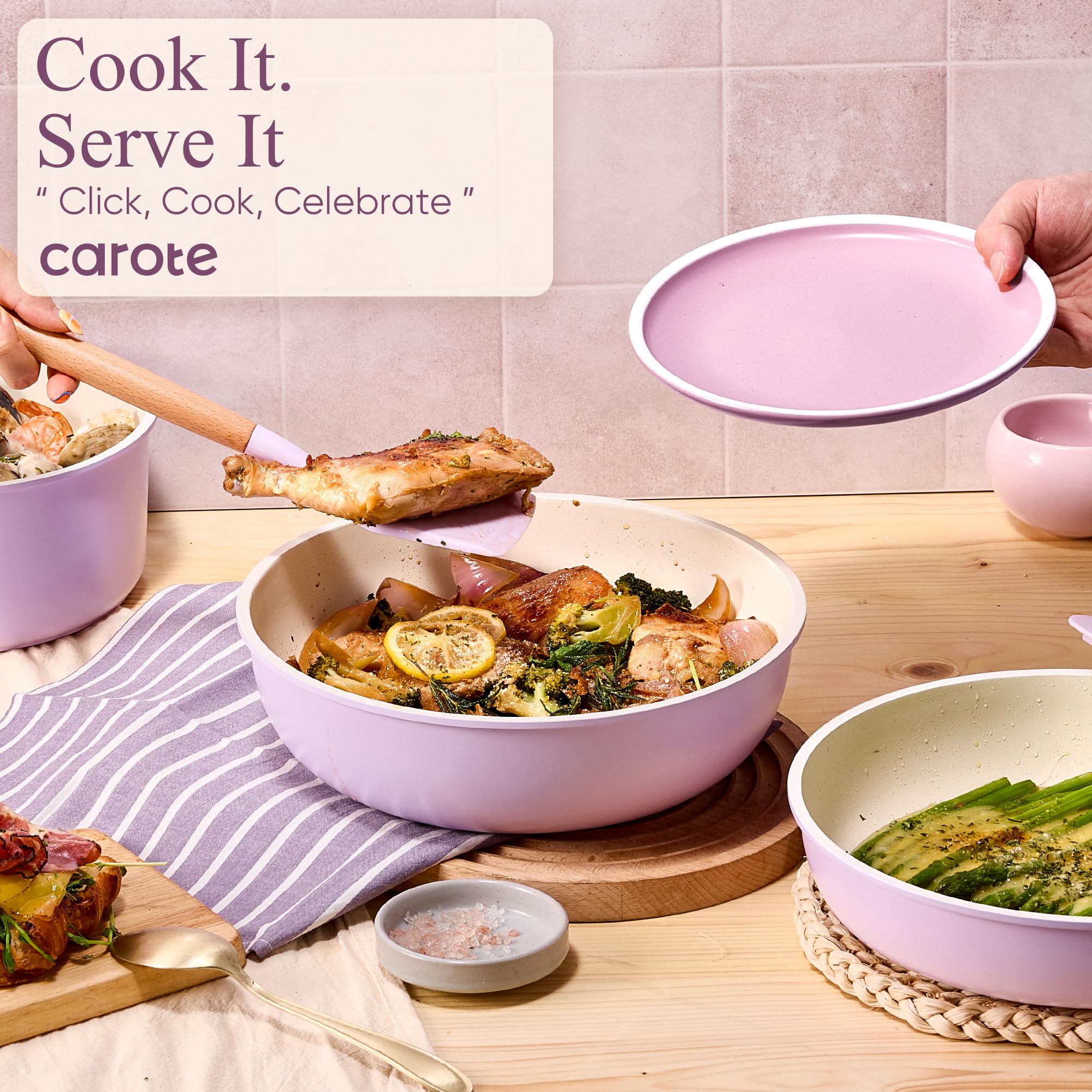CAROTE purple pots lay flat for space-saving cabinet storage.