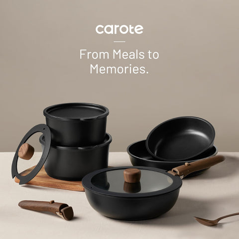 CAROTE space-saving stackable design aids cupboard organization.