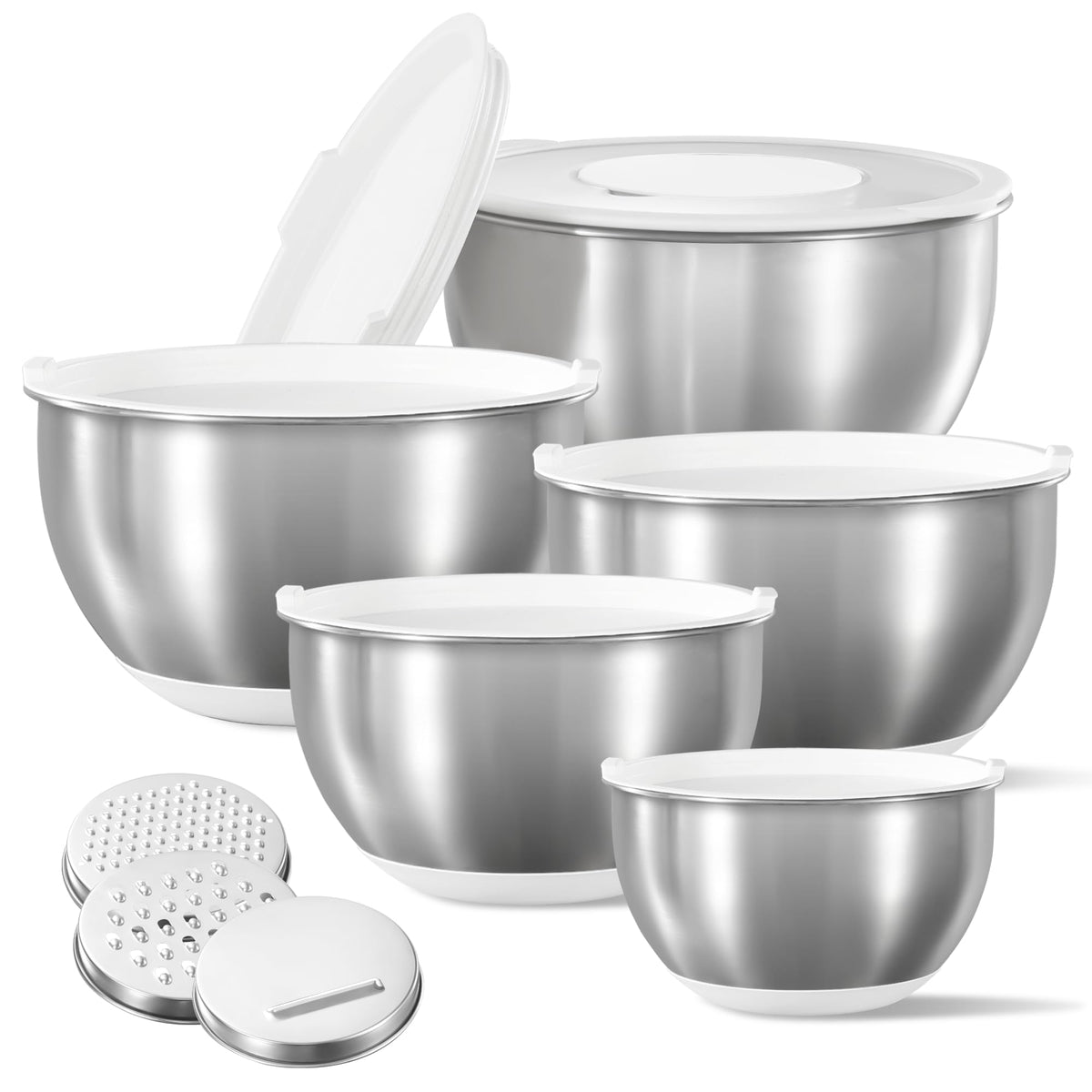 CAROTE stainless steel mixing bowls set with lids, stackable for compact storage.