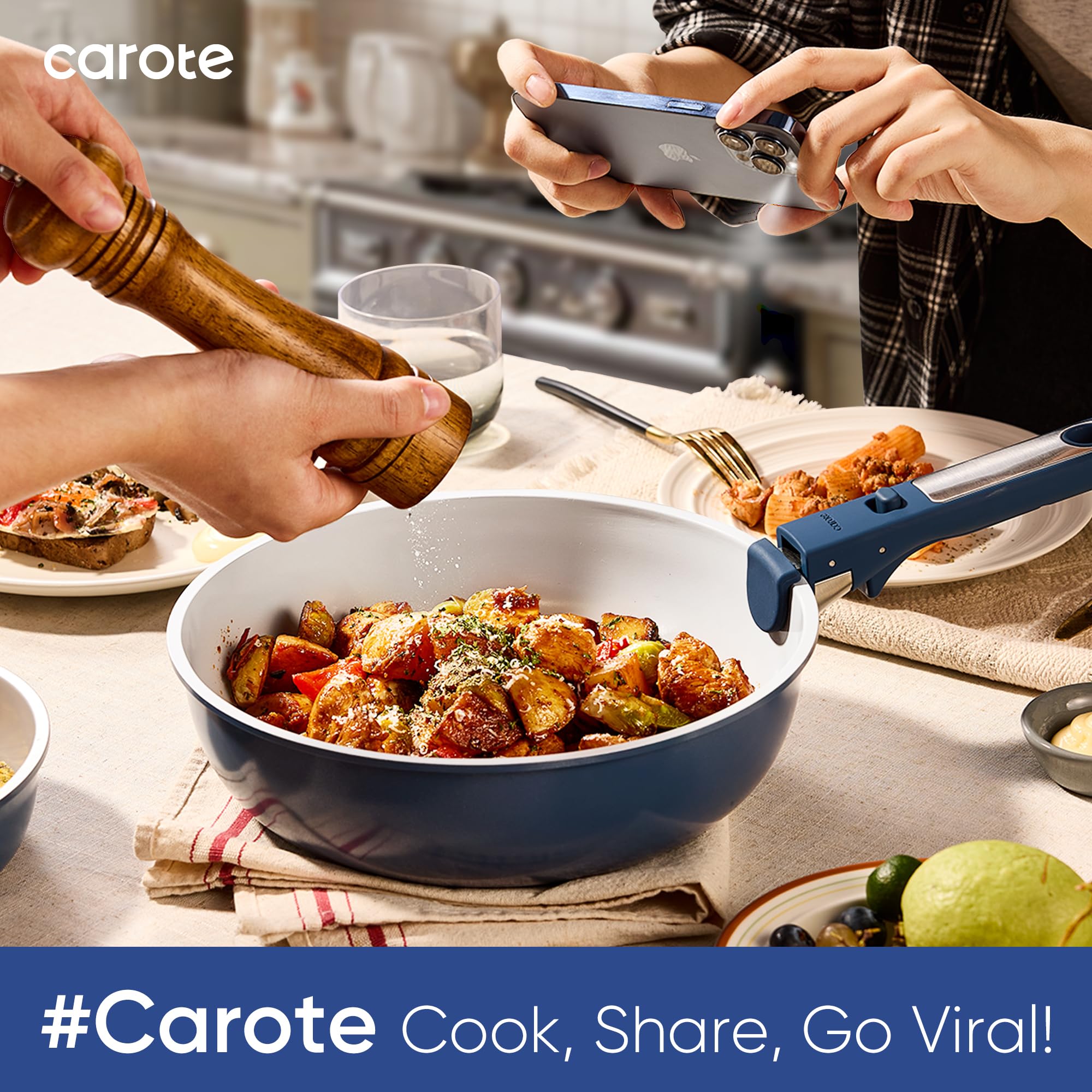 CAROTE stockpots and saucepans with lids provide roomy cooking options.