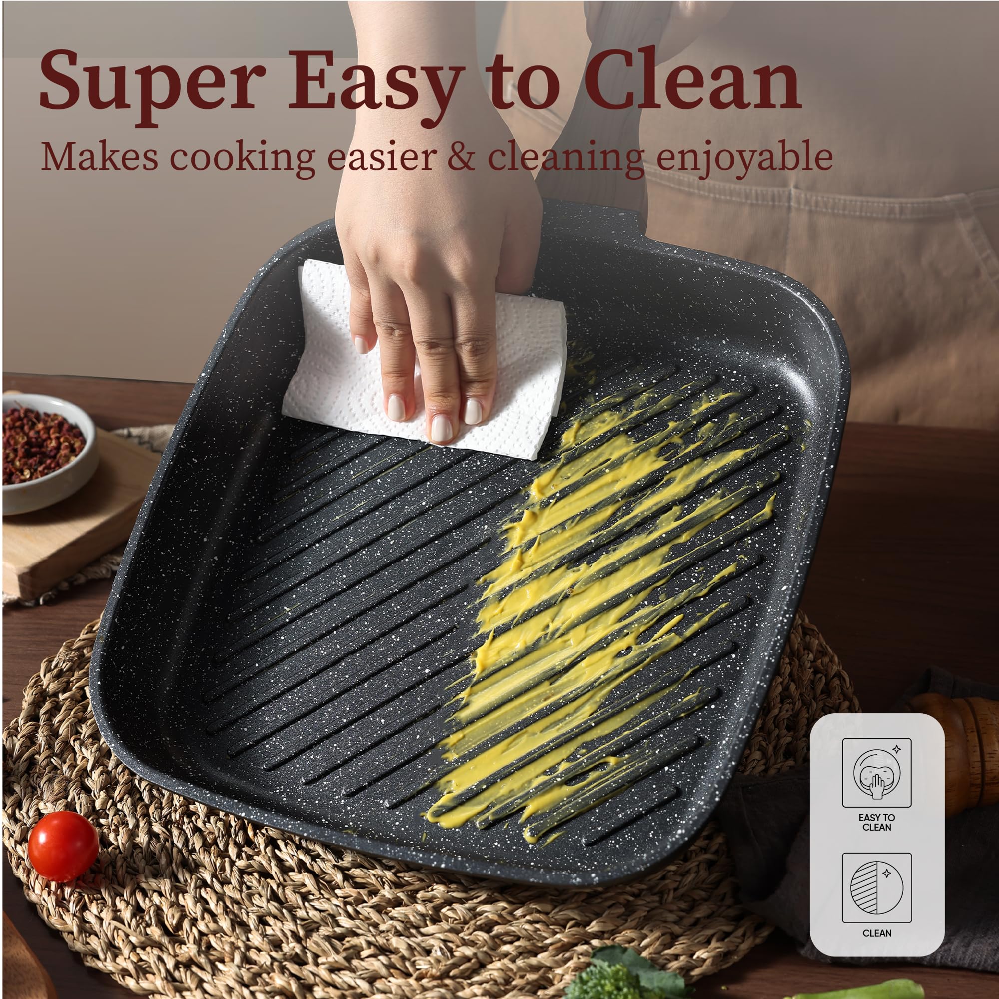 CAROTE pan is compatible with induction, gas, electric, and ceramic stoves.