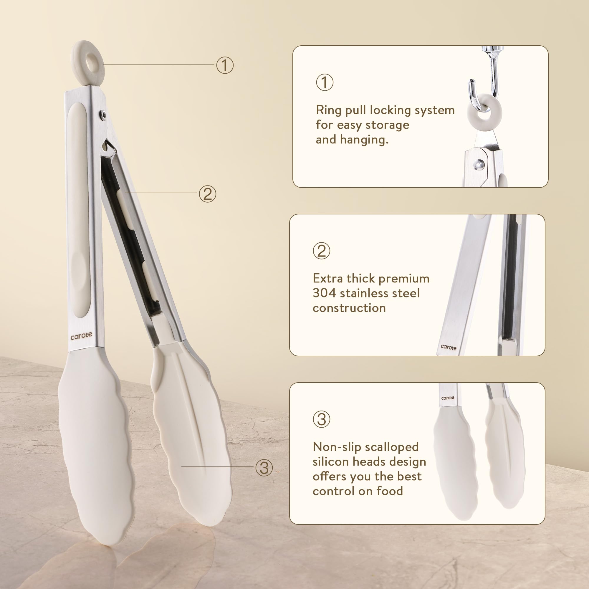 CAROTE 12-inch silicone-tip tongs ideal for grilling large cuts without crowding