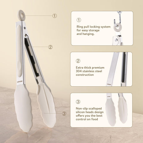 CAROTE 12-inch silicone-tip tongs ideal for grilling large cuts without crowding