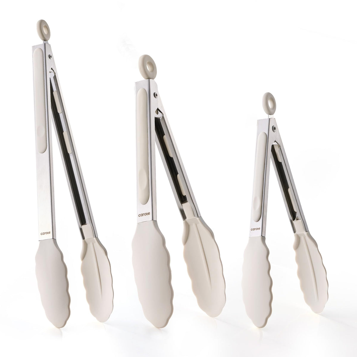 CAROTE tongs 7-inch silicone-tip close-up, gentle on nonstick pans while gripping greens