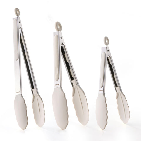 CAROTE tongs 7-inch silicone-tip close-up, gentle on nonstick pans while gripping greens