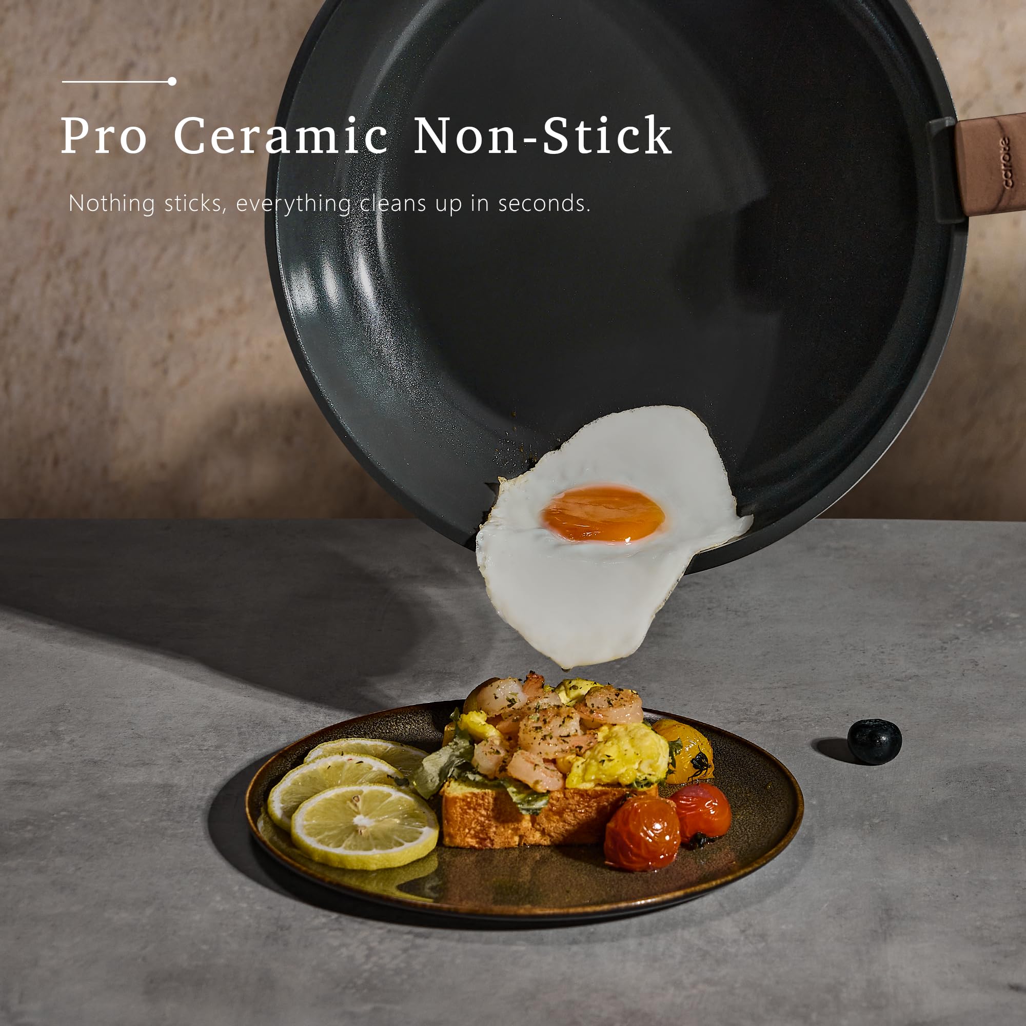 CAROTE ultra-nonstick ceramic coating closeup highlights smooth, low-oil cooking surface.