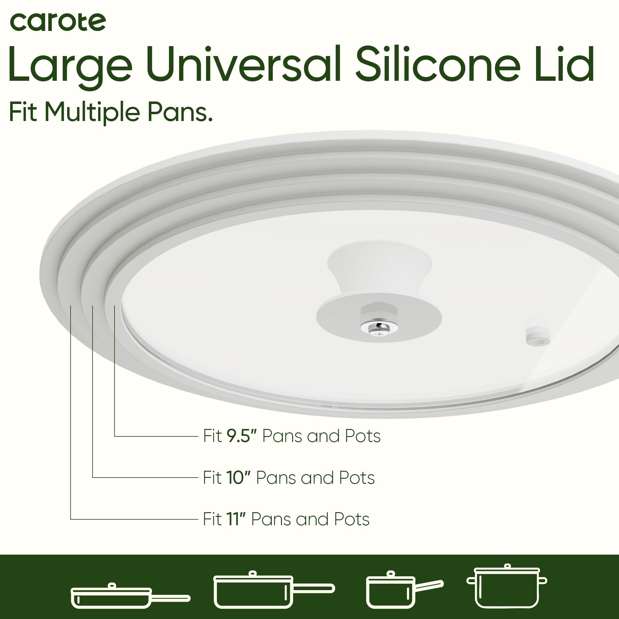 CAROTE large silicone lid fits 9.5-11 inch cookware for versatile meal prep.