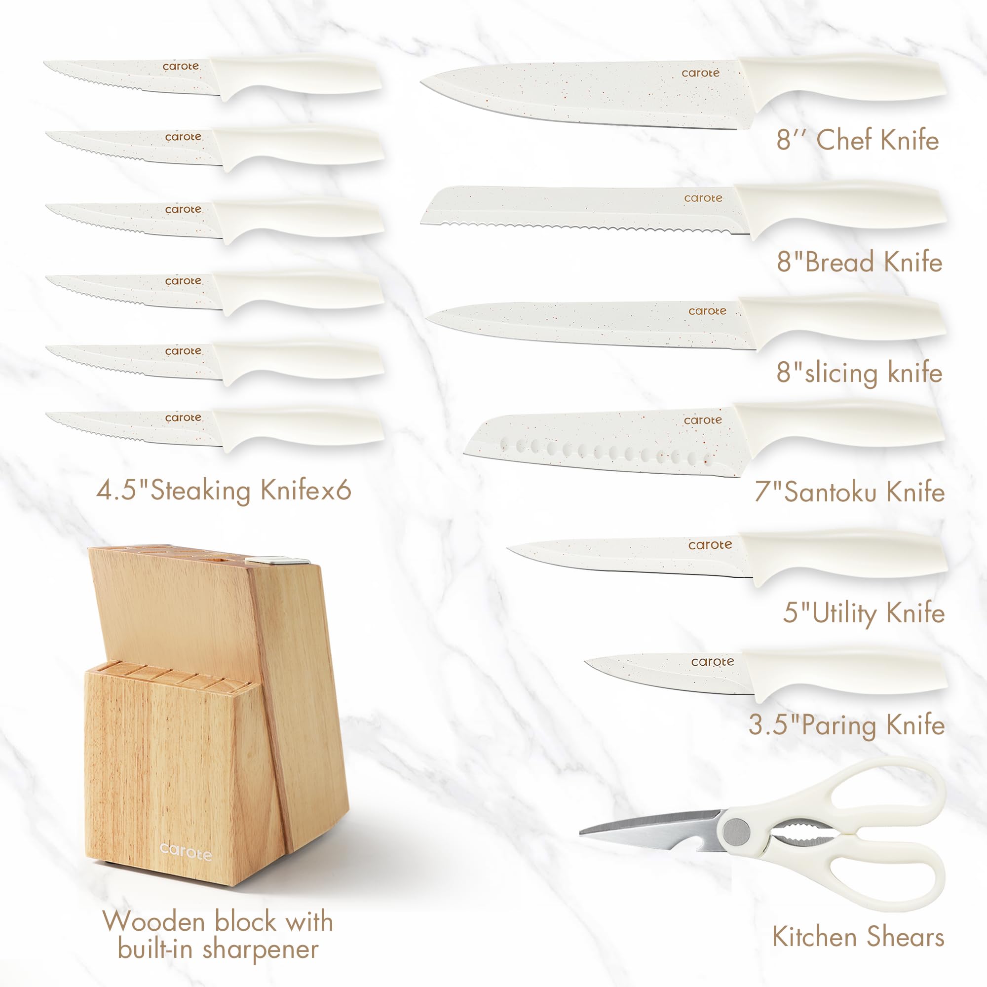 CAROTE white ceramic-coated blades deliver smooth cuts and easy cleanup.