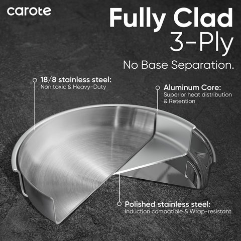CAROTE wide-base cookware with even heat distribution.