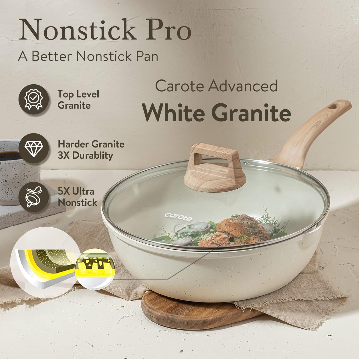 CAROTE wooden handle stays cool for comfortable grip during cooking.