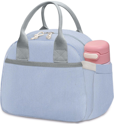 Carry Bloom corduroy lunch bag front pocket keeps utensils handy at work.