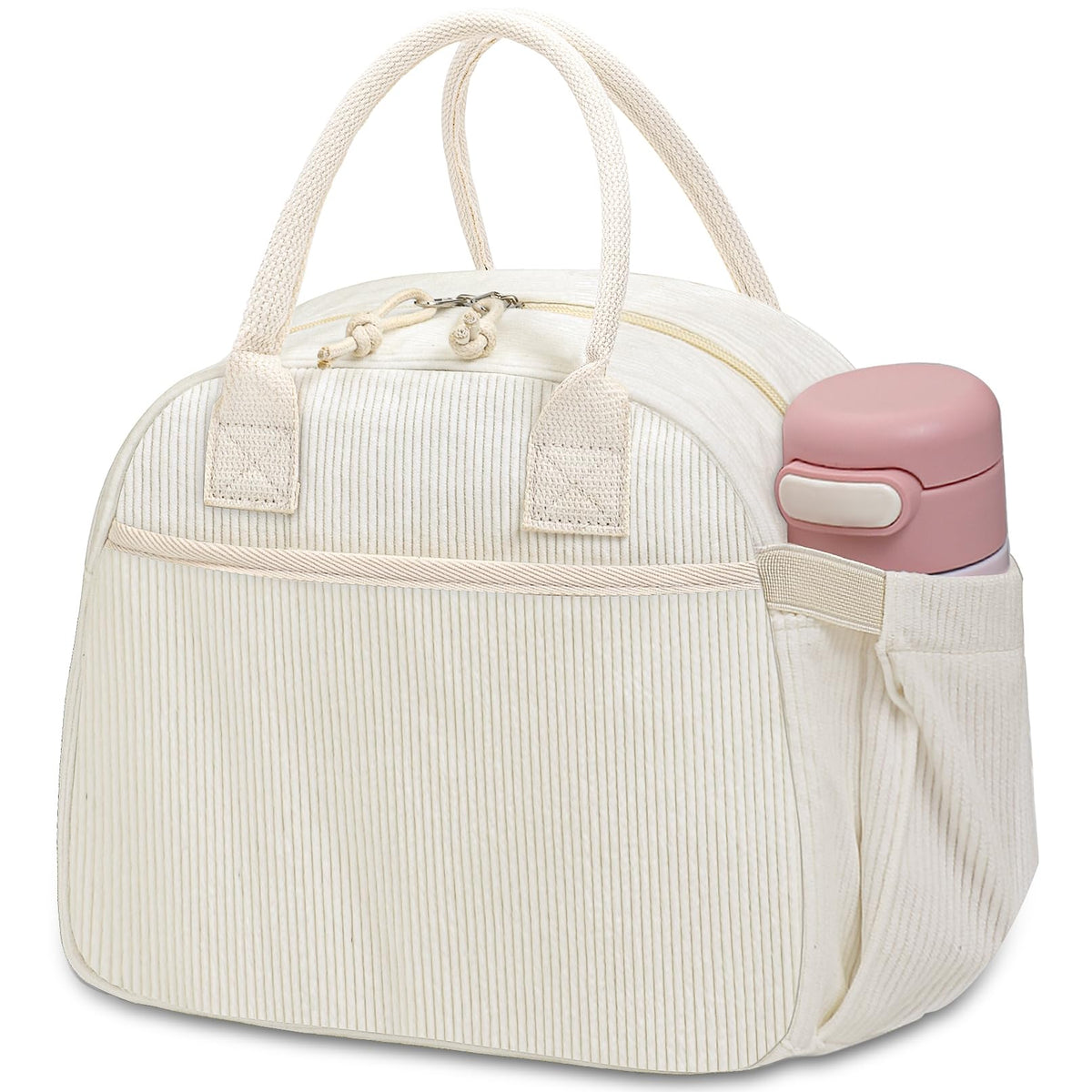 Carry bloom corduroy lunch bag front pocket keeps cutlery organized for work.