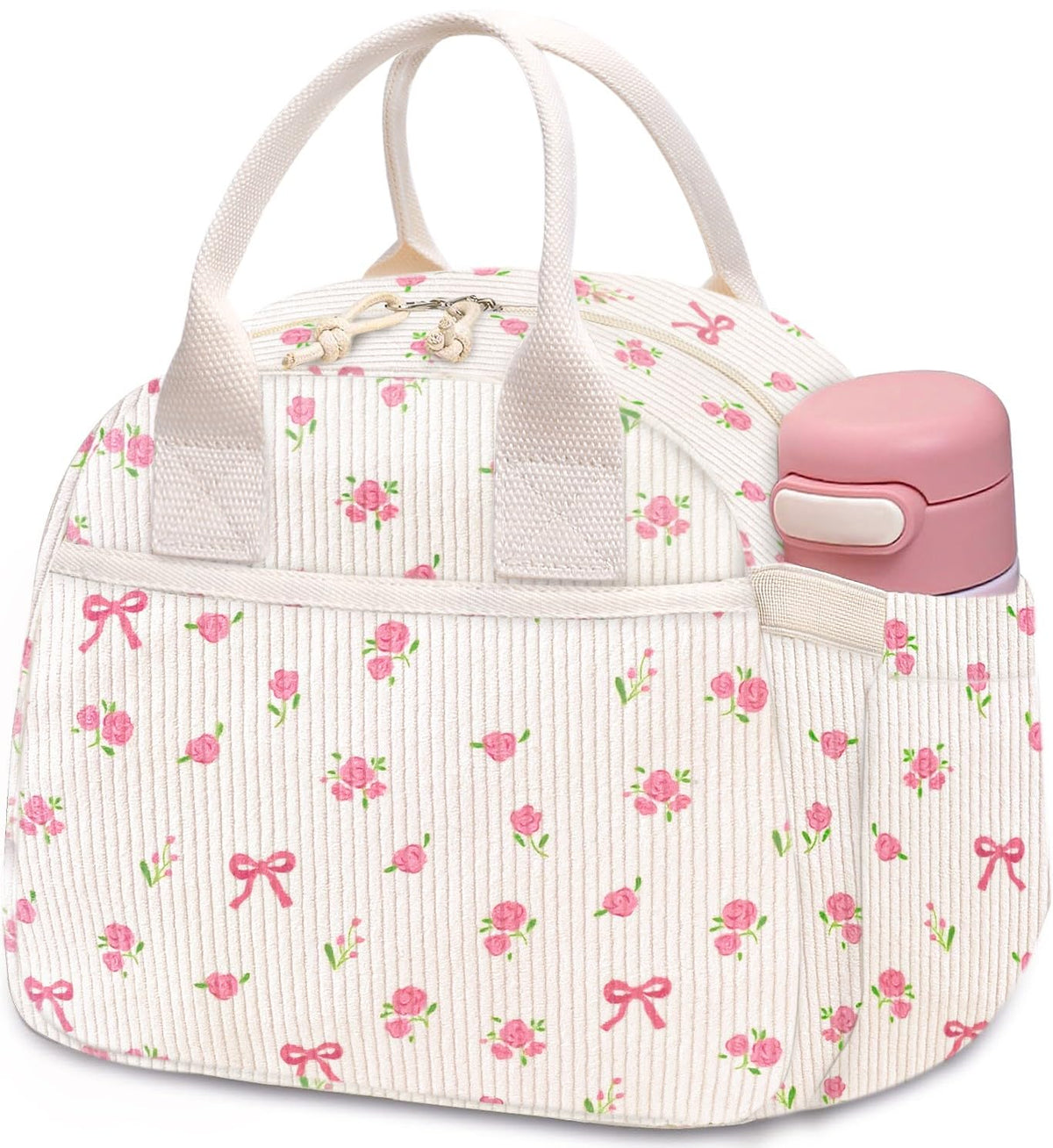 Carry bloom corduroy lunch bag front pocket keeps cutlery handy for work or travel.