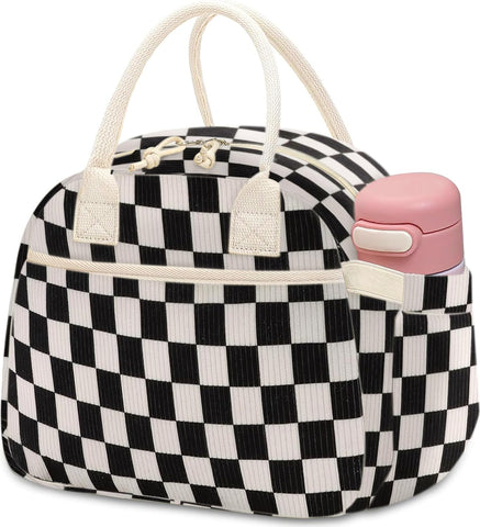 Carry Bloom corduroy lunch bag front pocket keeps cutlery organized.