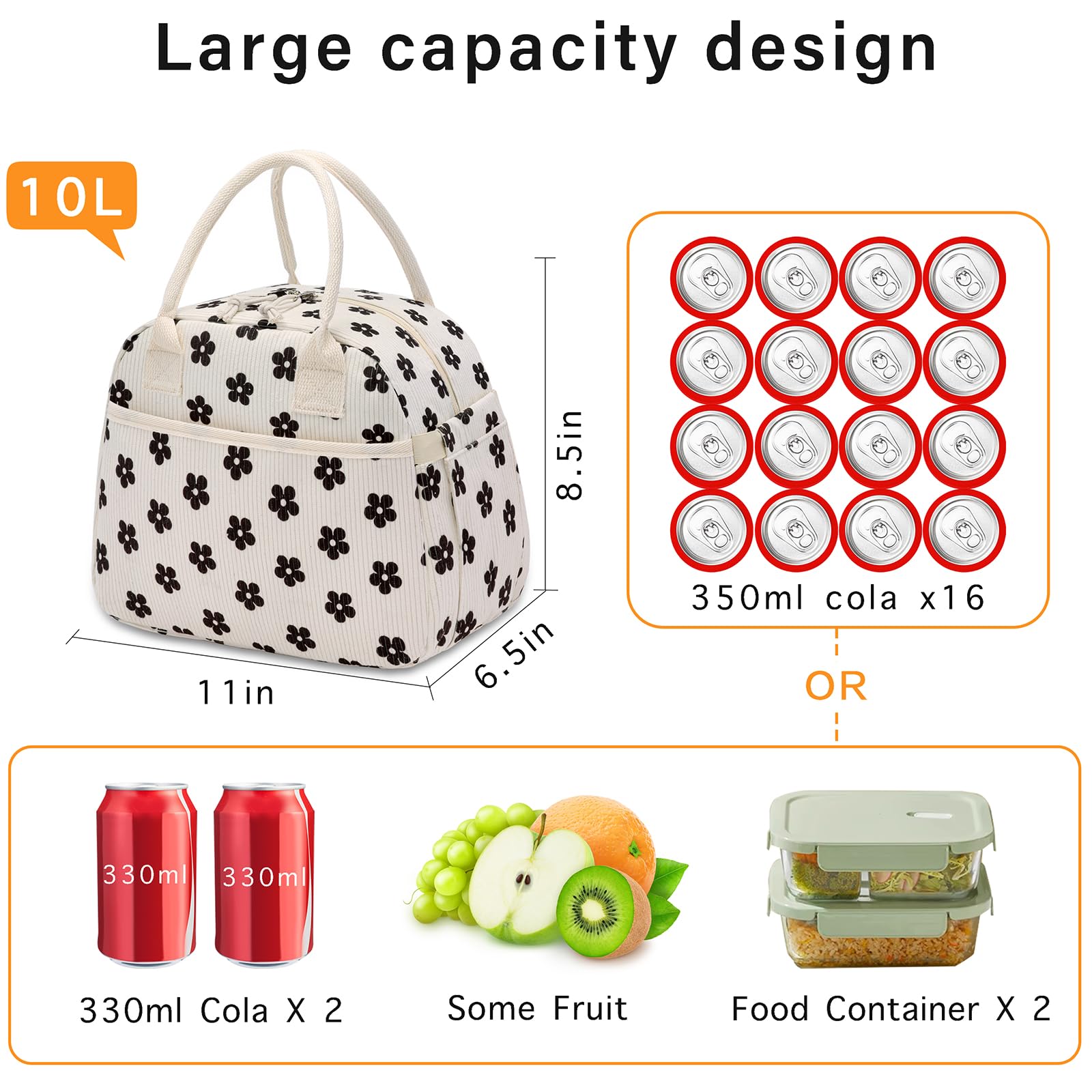 Carry bloom corduroy lunch bag durable zippers for smooth closing