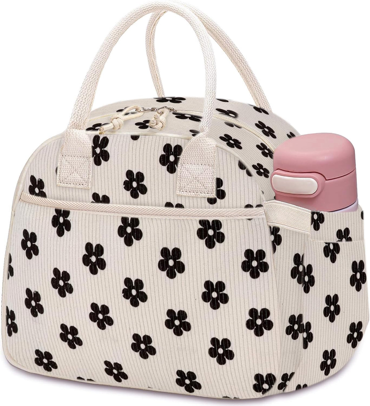 Carry bloom flower-black corduroy lunch bag front pocket for utensils and quick access