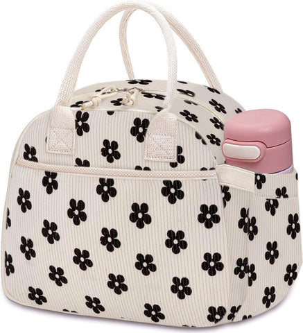 Carry bloom flower-black corduroy lunch bag front pocket for utensils and quick access